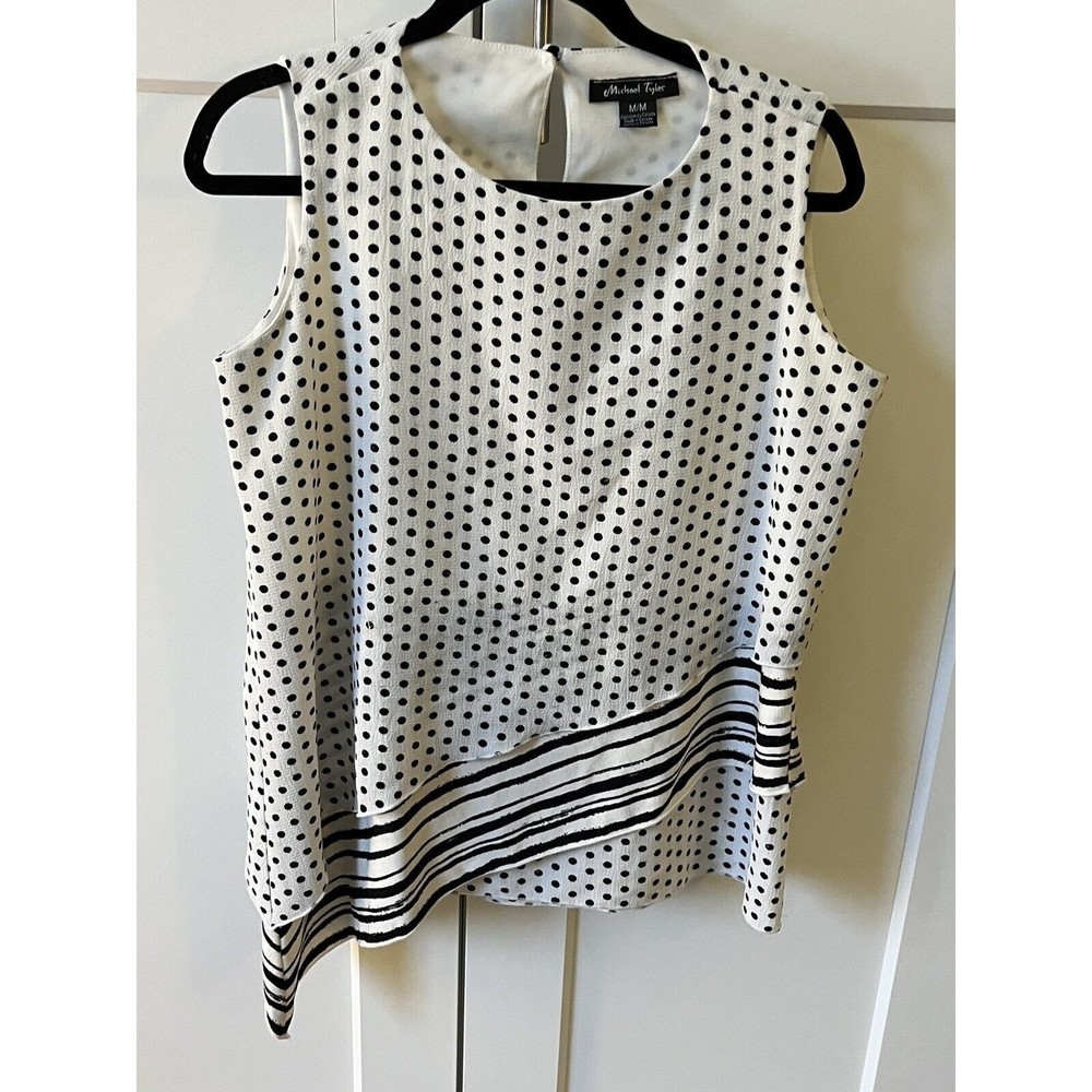 Michael Tyler Womens Sleeveless Tunic Top Shirt Black White Layers Medium Blouse
